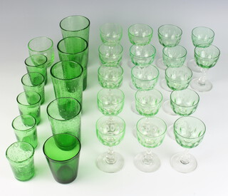 Eleven glass bowled sherry glasses 11cm, 6 darker ditto 10cm, 3 high balls, 2 tumbler and 6 totts 
