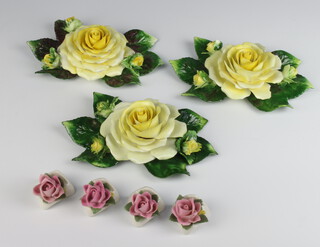Three Adderley floral displays of yellow roses 15cm together with 4 modern Dresden menu holders 4cm 