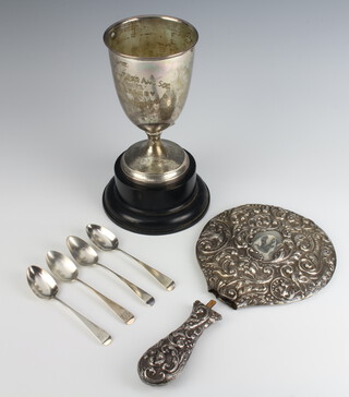An Edwardian silver presentation trophy (lacking handles), 4 teaspoons 284 grams together with a silver backed hand mirror (a/f)
