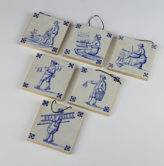 Six modern Delft antique style tiles depicting figures 7.5cm x 7.5cm