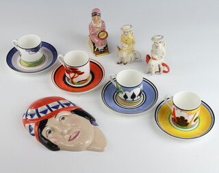 Four Wedgwood Clarice Cliff style coffee cups and saucers, a Kevin Francis Clarice Cliff face mask no.395 of 500 and 3 ditto jugs of Clarice Cliff and 2 other ladies 