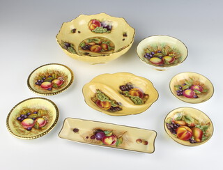 An Aynsley fruit decorated pin dish 21cm, a bowl 22cm, a 2 section dish 18cm, a pedestal bowl 14cm and 3 dishes 12cm 