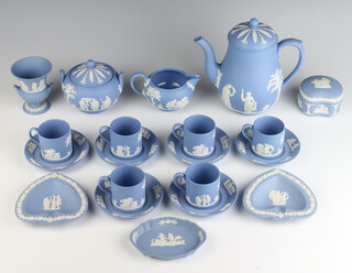 A Wedgwood blue Jasperware part coffee set comprising coffee pot, 6 coffee cans, 6 saucers, lidded sugar bowl and milk jug together with a vase, box, 3 dishes 