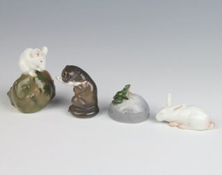 A Bing & Grondahl figure of a rabbit 5cm, a Royal Copenhagen figure of a frog on a rock 4cm, Danish mouse and otter 6cm and 4cm 