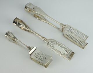 Three pairs of silver plated lily pattern servers