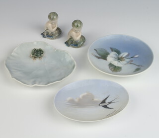 A Royal Copenhagen dish decorated with a frog on a leaf 2477 11cm, 2 other dishes and 2 figures of water nymphs 2cm 