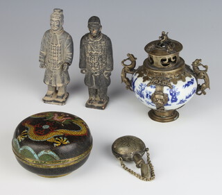 Two Chinese earthenware figures of gentleman 13cm (1 stuck), a metal scent, a circular cloisonne box and cover decorated with a dragon 10cm and a mounted blue and white vase 12cm 