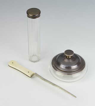 A silver mounted glass toilet jar Birmingham 1948, a silver mounted paper knife and 1 other toilet jar 