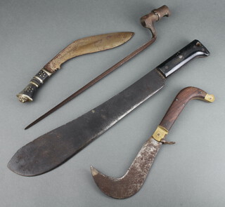 An 18th Century style socket bayonet with 36cm blade, a military issue machete with 37cm blade and black plastic handle (corroded), a folding pruning knife with 14cm blade and grip and a tourist Kukri with 22cm blade 