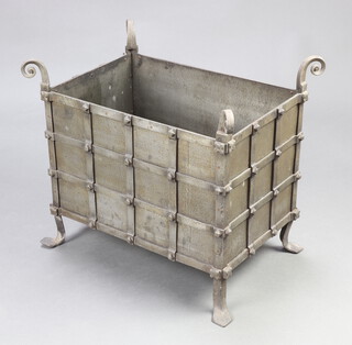 A 1920's rectangular wrought iron and steel coal/log bin with panel decoration 45cm x 50cm x 37cm  