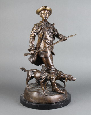 A bronze figure group of a huntsman with 2 retrievers, raised on a circular marble base 54cm x 31cm 
