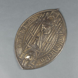 An oval embossed metal plaque decorated the standing Virgin Mary and Christ 31cm x 20cm 