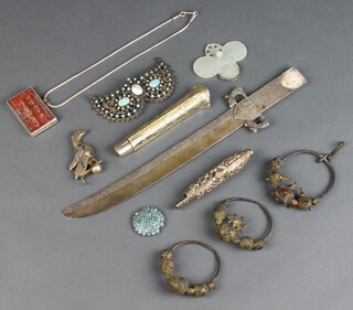 A Persian white metal sword blade 116 grams and minor Eastern jewellery etc