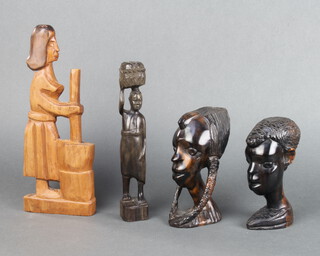 A carved African head and shoulders bust of a lady 15cm x 4cm x 7cm, ditto gentleman 14cm x 6cm x 4cm and 2 other carved wooden figures 