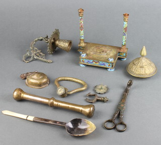 A 17th/18th Century gilt metal pestle 9cm, a pair of bronze tongs, champ leve stand and other curios 