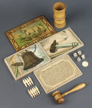 The Game of Schimmel comprising box lid instructions, 5 cards, die shaker, hammer, 4 bone dia, counter, 9 turned bone pegs (no box) 