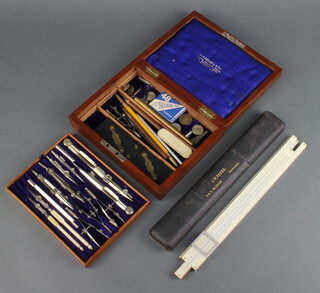 J A Nicholl & Company, a 12 piece geometry set contained in a mahogany box with hinged lid 4cm x 20.5cm x 16cm together with an A W Faber slide rule no.206428, boxed  