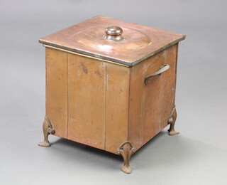 An Art Nouveau square copper twin handled coal bin, raised on bracket feet 31cm h x 30cm w x 30cm d 