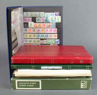 A Collecta album of mint and used world stamps - GB, Thailand, Spain and Commonwealth, Royal Mail stock book of GB Elizabeth II used stamps, stock book of world stamps - Spain, Italy and Denmark, red stock book of mint Latvia stamps together with various loose leaves of world stamps  
