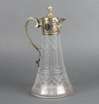 An Edwardian cut glass, silver plated mounted claret jug with scroll spout 28cm 