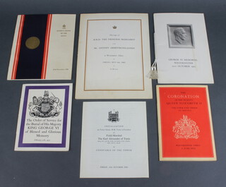 Of Royal interest, Order of Service for burial of His Majesty King George VI 1952, Order of Service for The Coronation 2nd June 1953, Service of The Royal Victorian Order 1958, Installation of Field Marshal The Earl Alexander of Tunis as Constable of The Tower of London 1960, George VI Order of Memorial Service October 1955 and Order of Service The Marriage of HRH Princess Margaret to Mr Antony Armstrong Jones 1960 