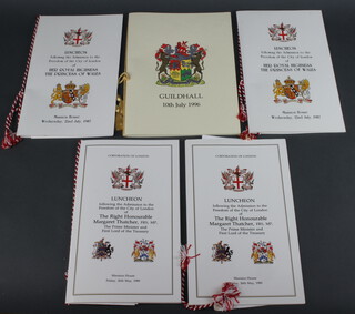 Two Guildhall lunch menus for Wednesday 22nd July for The Honorary Freedom of Her Royal Highness The Princess of Wales, 2 lunch menus 26th May 1989 for The Honorary Freedom of The City of London of The Right Honourable Margaret Thatcher and a menu for 10th July 1996 Guildhall dinner for President Nelson Mandela  