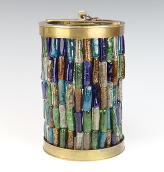 A cylindrical brass and glass Hebrum light fitting 25cm x 15cm 
