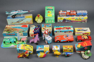 Thirteen various Chinese tinplate toys - Blue Bird MS029, Pecking Chicken MS006, Sparrow MS568, Swimming Duck MS042, Easter Egg MS033, Tranging Plane MS011, Train MF719, Super Sonic Jet Airplane MF103, Racer MF800, Baby Convertible MF926, Ice Cream Vendor MS405, Gosling MS098, Communications and Transport MS688, all boxed 