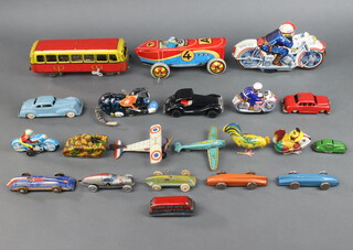 A tinplate clockwork train, a ditto racing car together with a collection of tin plate vehicles etc 
