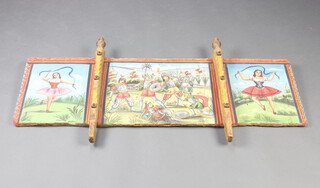 A 19th Century Continental painted pine wagon tailboard, painted scenes of dancers and crusaders 52cm h x 106cm w 