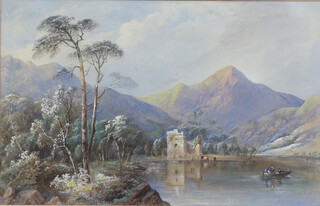 C Pearson 1858, watercolour, Scottish loch scene with ruined castle and figures in a boat, signed and dated 31cm  x 49cm 