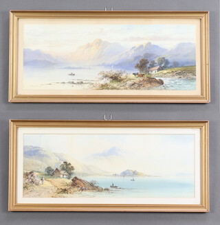 Edwin Earp (1851-1945), watercolours, a pair, Scottish loch scenes with boats and figures 22cm x 59cm 