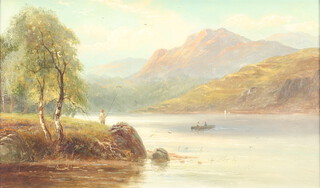 A 19th Century oil on canvas, Scottish loch scene with fisherman and figures in a boat, unsigned, 29cm x 49cm 