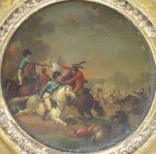 A 19th Century oil on panel, circular study of a battle scene with figures on horseback, 9cm 