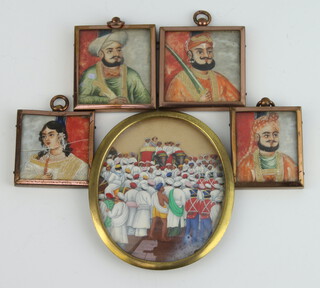 19th Century oval watercolour miniature of a figures on elephants amongst a crowd of onlookers 7cm x 6cm, 3 ditto miniatures of gentleman 5cm x 4.5cm and a lady 4cm x 4cm (cracked)  