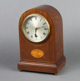 Astral, an Edwardian 8 day bedroom timepiece with 10cm dial contained in an arched  inlaid mahogany case 26cm x 17cm x 12cm, complete with pendulum but no key 
