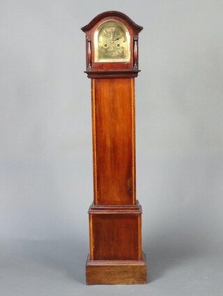 A 1930's chiming longcase clock with 15cm silvered dial and Roman numerals, contained in mahogany arch shaped case 126 h x 26cm w x 15cm d, complete with pendulum (no key) 