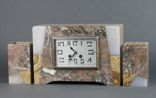 An Art Deco 3 piece white marble clock garniture comprising rectangular striking mantel clock with 14cm silvered dial contained in a 2 colour marble case, complete with pendulum and key, 20cm h x 30cm x 11cm (some chips in places), together with 2 marble side pieces 13cm x 8cm x 7cm 