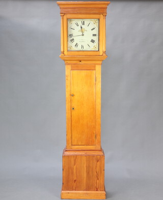 John Holmes of Guildford, an 18th Century 30 hour longcase clock, the 31.5cm square painted dial with floral spandrels, Roman numerals and steel handles, the dial marked Jn Holins, contained in a late pine case complete with pendulum and key 196cm h  