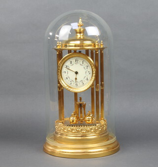 A German 400 day clock with 9cm porcelain dial, Arabic numerals, contained in a gilt metal case, the back plate plate marked Made in Germany 151965 together with an associated plastic dome 44cm h x 23cm diam. 
 