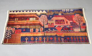 A red, blue and brown ground pictorial belouch rug with buildings and trees 148cm x 85cm 