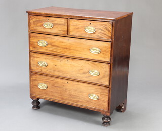 A Georgian mahogany chest of 2 short and 3 long drawers with replacement brass plate drop handles, raised on turned supports 102cm h x 90cm w x 46cm d 