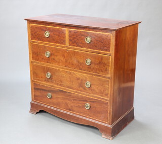 Maple & Co, an Edwardian inlaid and crossbanded mahogany chest of 2 short and 3 long drawers, raised on bracket feet 108cm h x 107cm w x 56cm d 