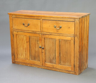 A 19th Century D shaped pine dresser base fitted 2 drawers with replacement brass swan neck drop handles above double cupboard enclosed by panelled doors 94cm h x 138cm w x 45cm d 