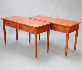 A pair of Georgian style mahogany side tables fitted 2 drawers with brass swan neck drop handles, raised on square tapered supports ending in brass caps and casters 75cm h x 122cm w x 49cm d 