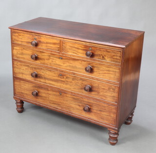 A 19th Century mahogany chest of 2 short and 3 long drawers with tore handles, raised on turned supports 83cm h x 103cm w x 47cm d 
