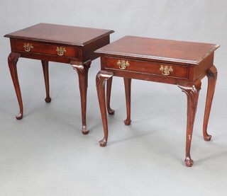 A pair of Georgian style side tables fitted drawers, raised on cabriole supports 70cm h x 70cm w x 47cm d 