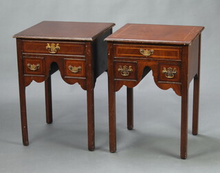 A pair of Georgian style inlaid mahogany lamp tables fitted 1 long and 2 short drawers, raised on square supports 70cm h x 50cm w x 50cm d 