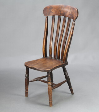 A 19th Century elm and beech stick and bar back Windsor chair, the solid seat marked CW, raised on turned supports with H framed stretcher 100cm h x 36cm w x 39cm d (seat 24cm x 26cm) 