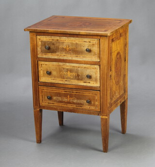 A Continental inlaid satinwood mahogany chest fitted 3 drawers, raised on square tapered supports 75cm h x 55cm w x 42cm d  